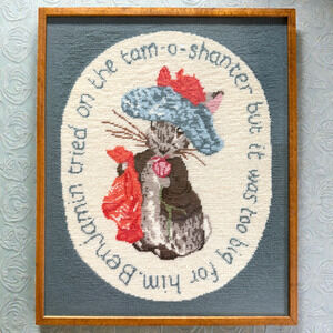Vintage Framed Beatrix Potter Needlepoint Benjamin Bunny Embroidery Art Hanging